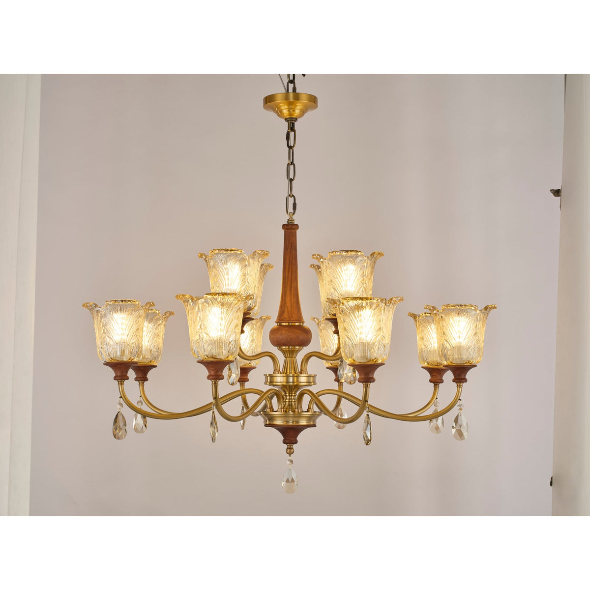 W&F Collection | Aurelia Antique Brass Floral Glass Chandelier with Wood Accents