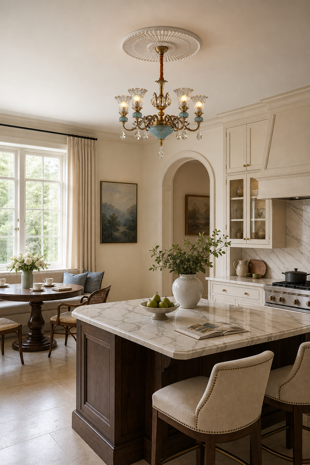 W&F Collection | Blue Glazed Ceramic Brass Crystal Chandelier