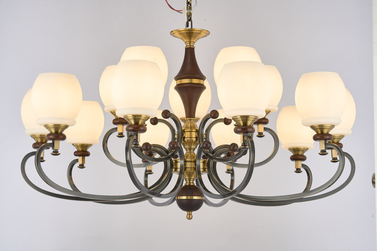 W&F Collection | Briarwood Ash Wood and Milk Glass Chandelier