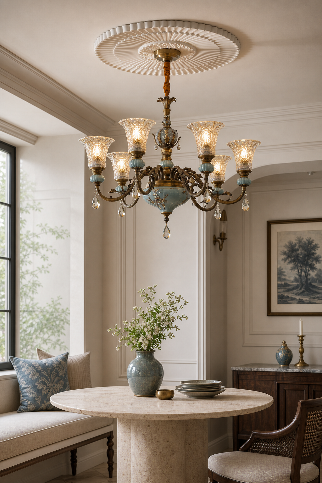 W&F Collection | Blue Glazed Ceramic Brass Crystal Chandelier