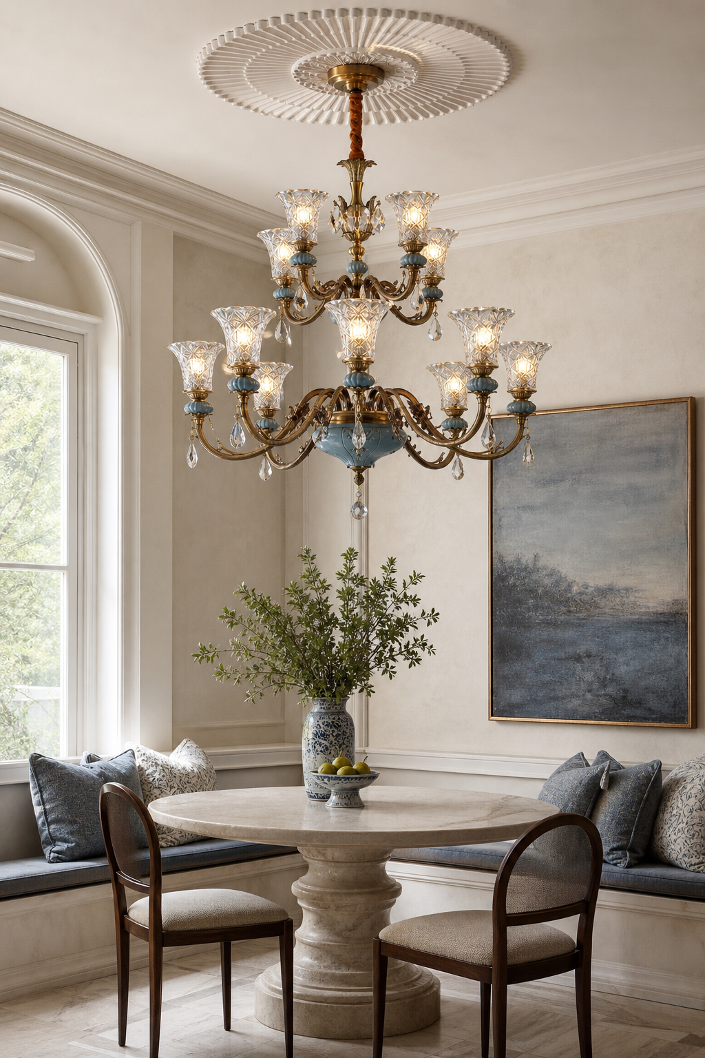 W&F Collection | Blue Glazed Ceramic Two-Tier Chandelier
