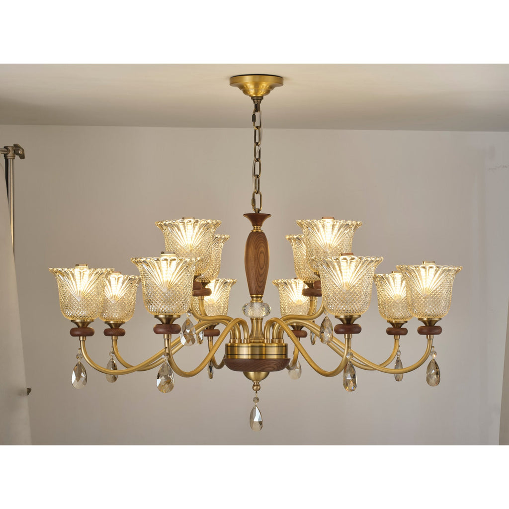 W&F Collection | Cognelle Cognac Glass and Ash Wood Chandelier