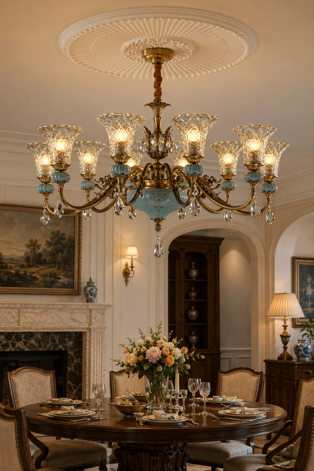 W&F Collection | Blue Glazed Ceramic Brass Crystal Chandelier
