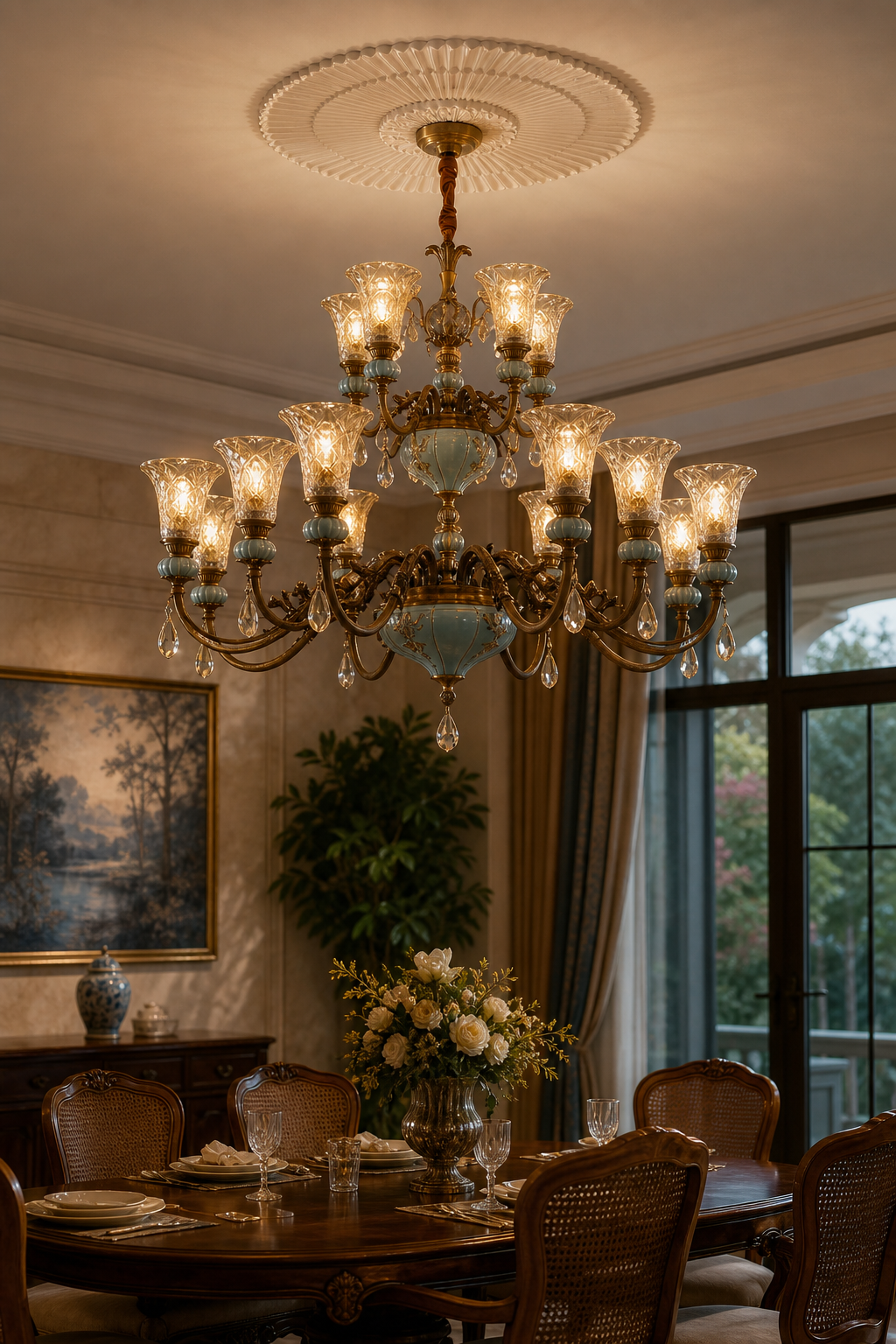 W&F Collection | Blue Glazed Ceramic Two-Tier Chandelier