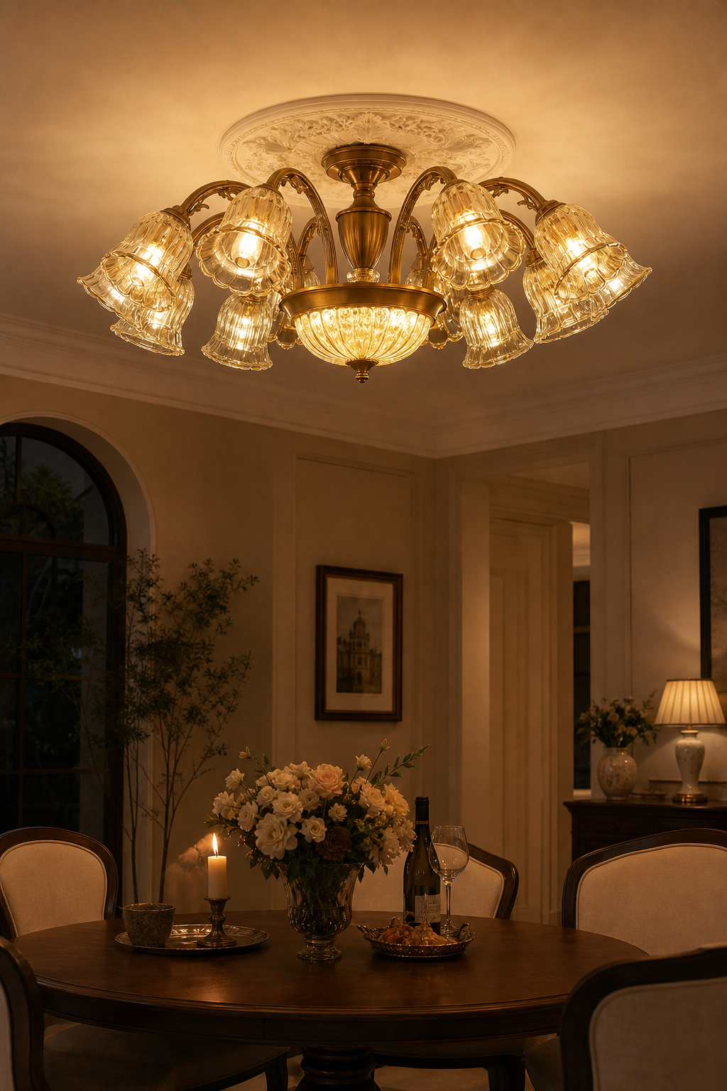 W&F Collection | Classic American Brass Floral Crystal Ceiling Lamp