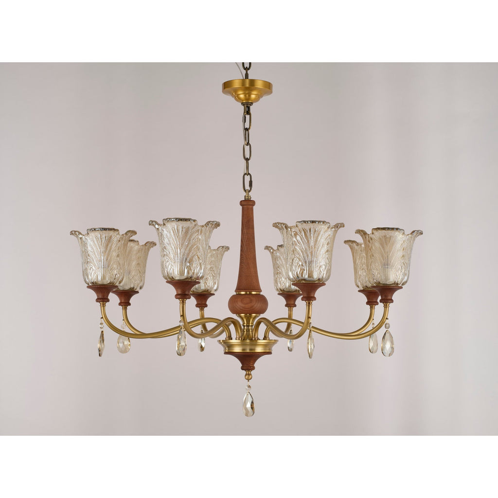 W&F Collection | Aurelia Antique Brass Floral Glass Chandelier with Wood Accents