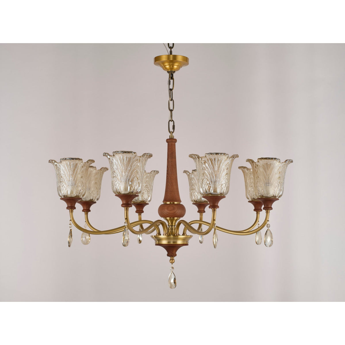 W&F Collection | Aurelia Antique Brass Floral Glass Chandelier with Wood Accents