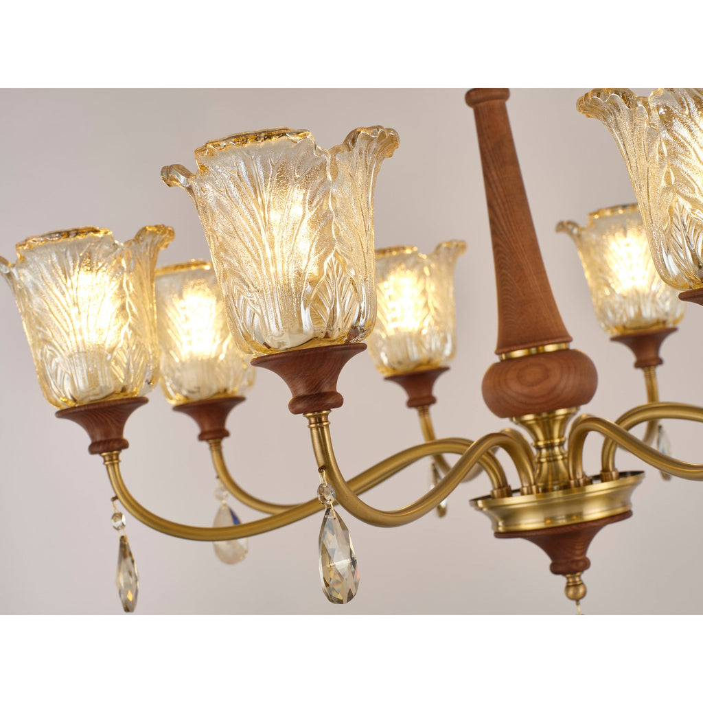 W&F Collection | Aurelia Antique Brass Floral Glass Chandelier with Wood Accents