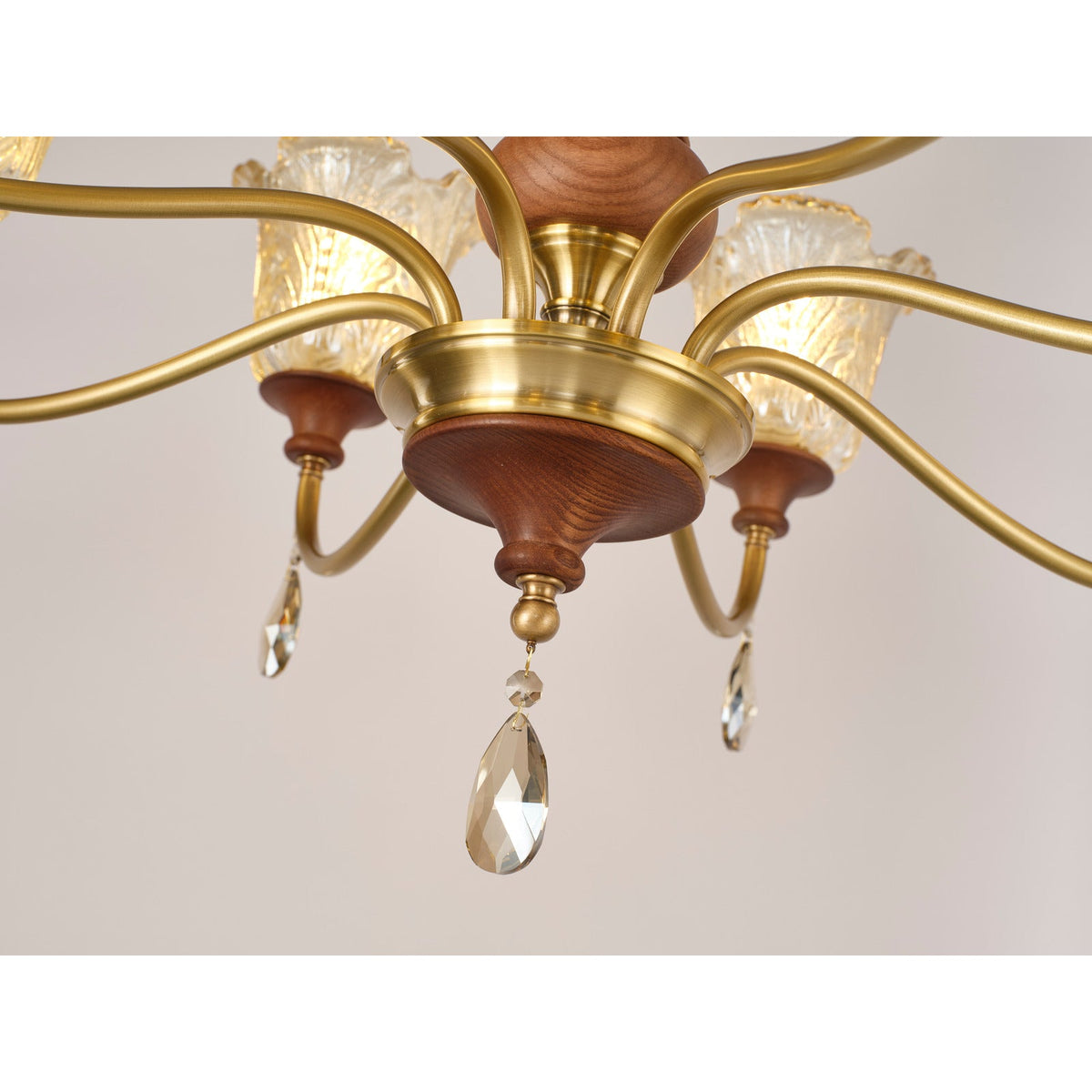 W&F Collection | Aurelia Antique Brass Floral Glass Chandelier with Wood Accents