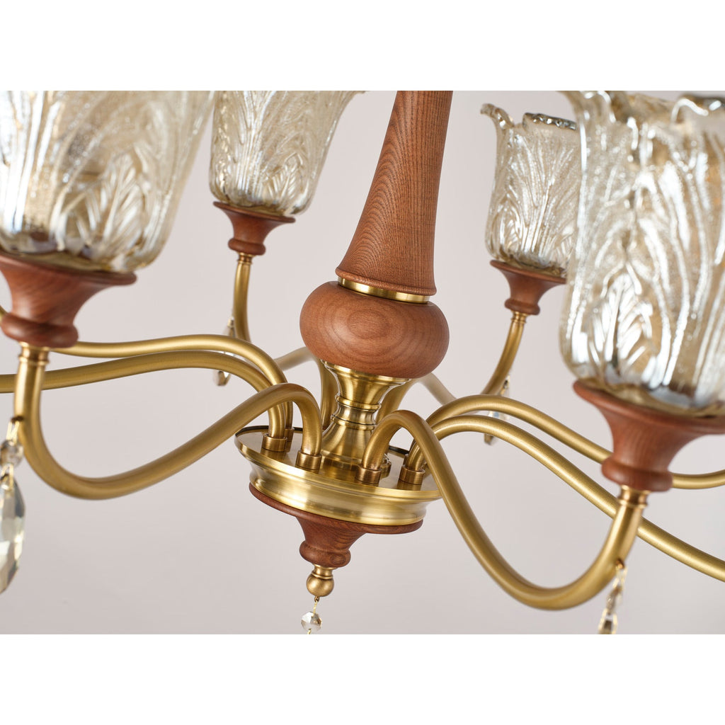 W&F Collection | Aurelia Antique Brass Floral Glass Chandelier with Wood Accents