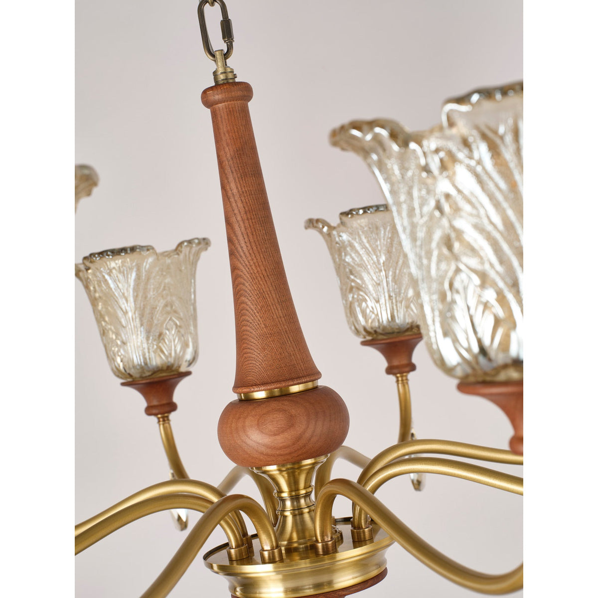 W&F Collection | Aurelia Antique Brass Floral Glass Chandelier with Wood Accents