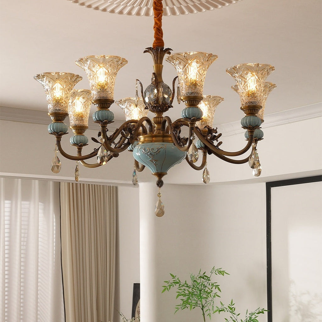 W&F Collection | Blue Glazed Ceramic Brass Crystal Chandelier