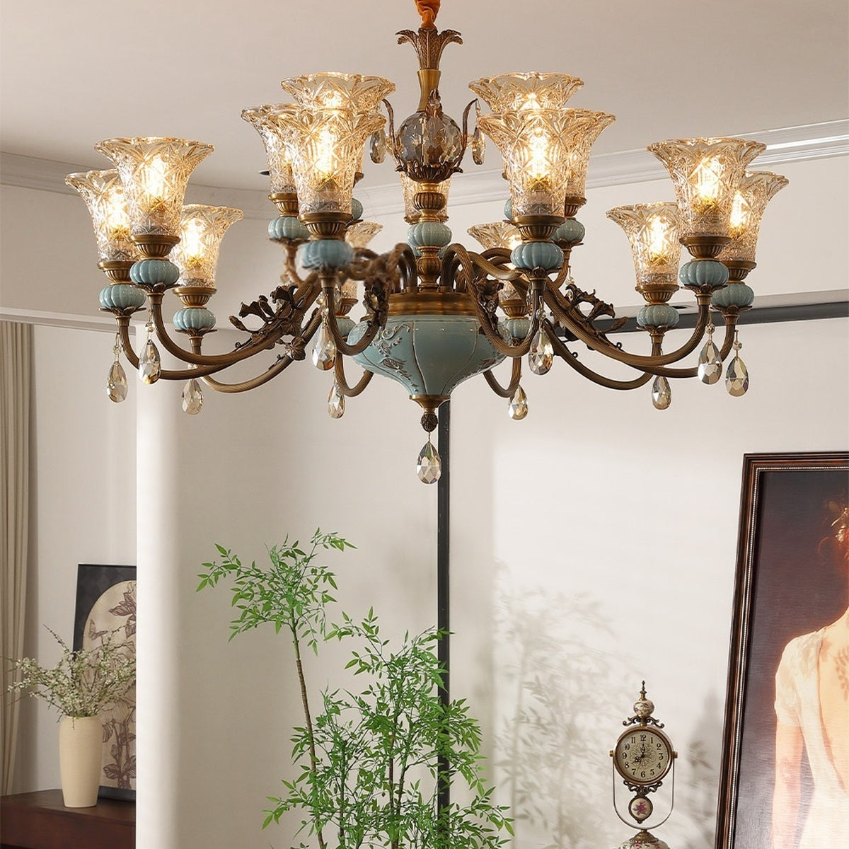 W&F Collection | Blue Glazed Ceramic Two-Tier Chandelier