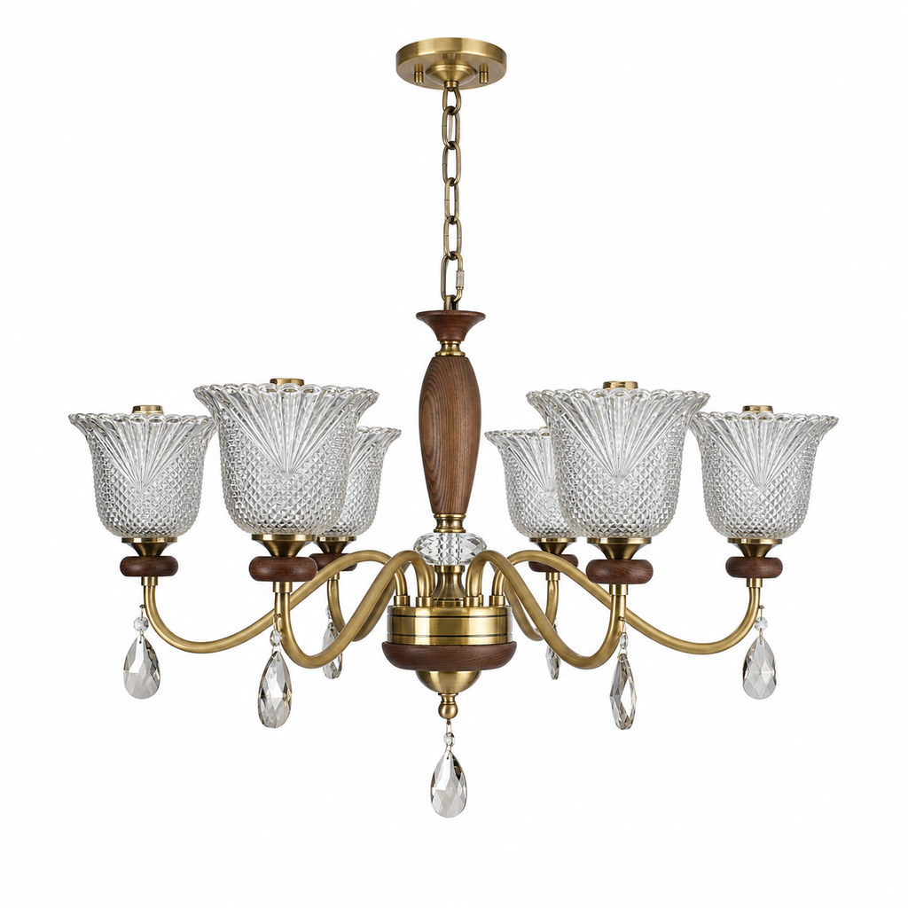 W&F Collection | Cognelle Cognac Glass and Ash Wood Chandelier
