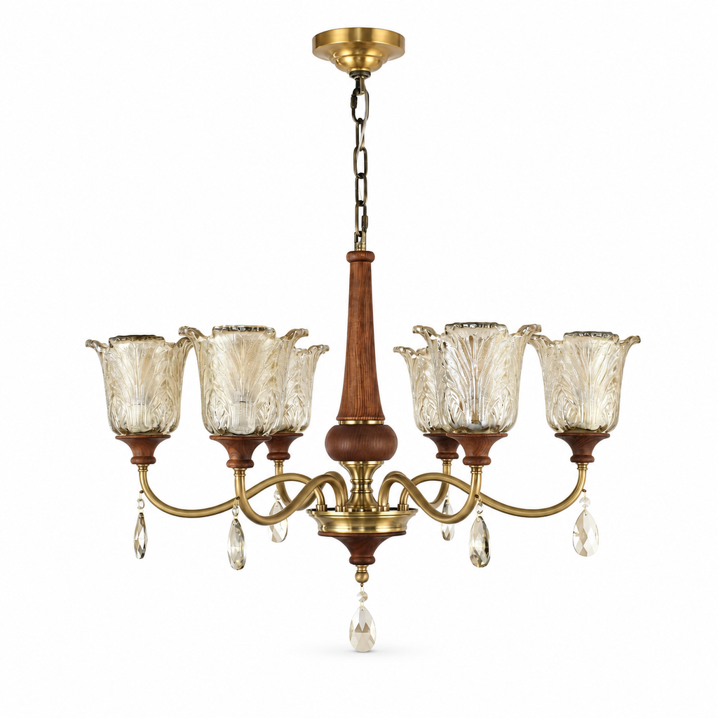 W&F Collection | Aurelia Antique Brass Floral Glass Chandelier with Wood Accents