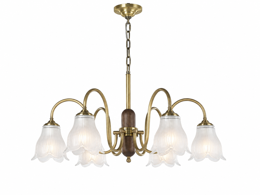 W&F Collection | Bellarune Ribbed Bell Glass and Walnut Chandelier