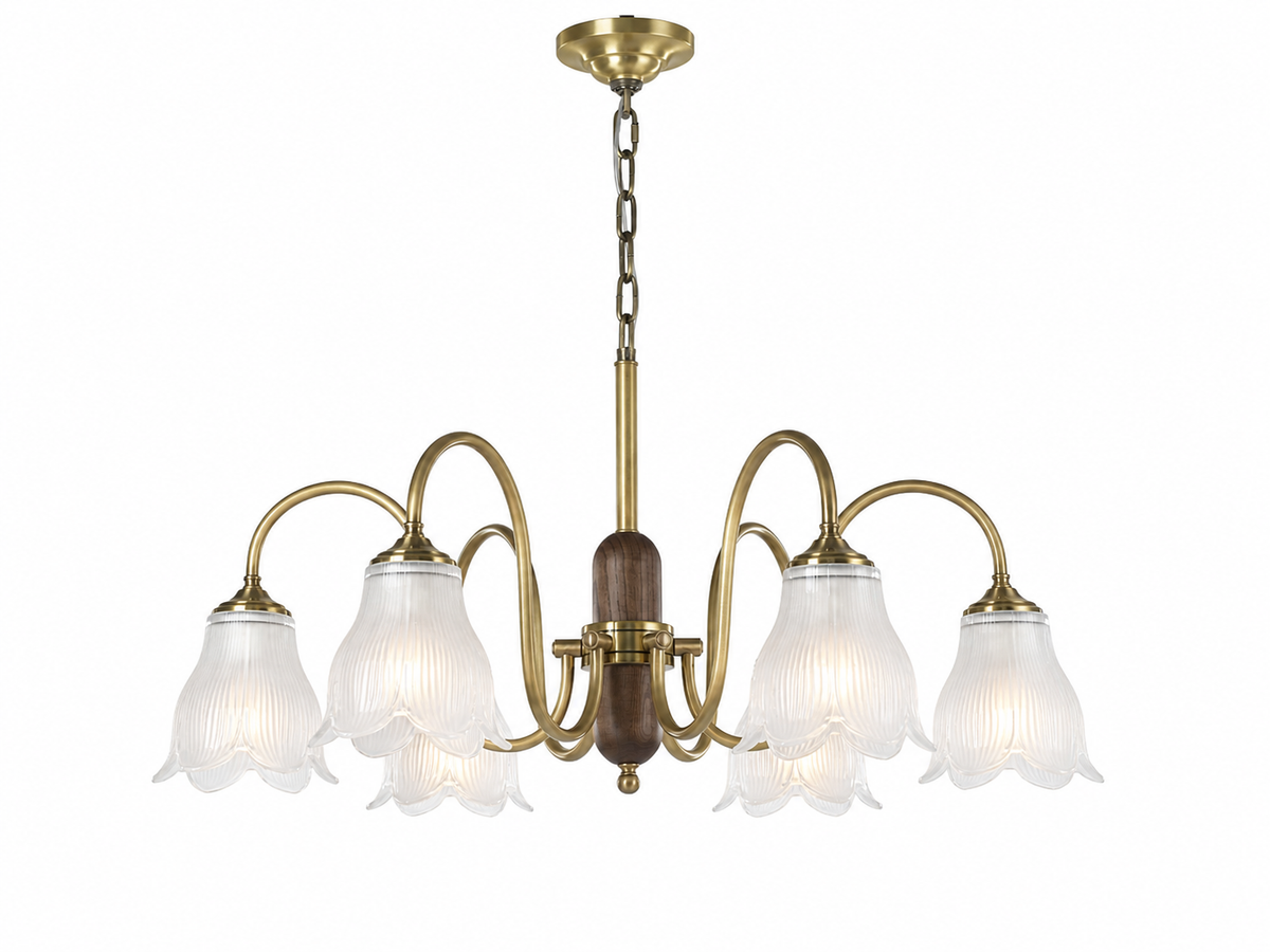 W&F Collection | Bellarune Ribbed Bell Glass and Walnut Chandelier