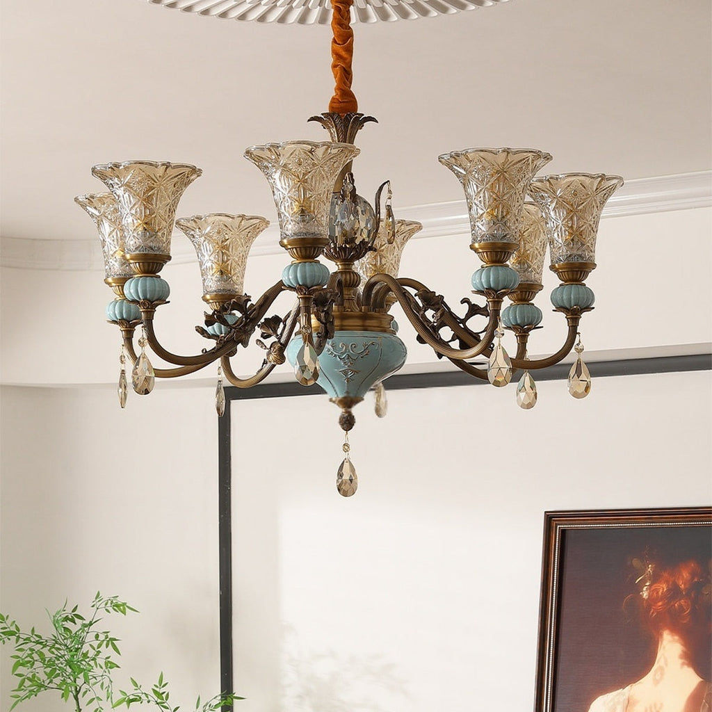 W&F Collection | Blue Glazed Ceramic Brass Crystal Chandelier