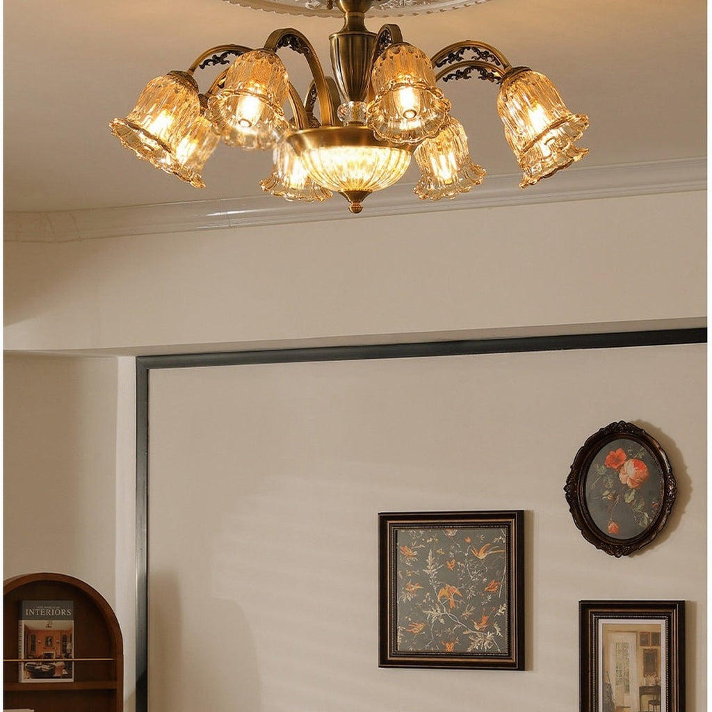 W&F Collection | Classic American Brass Floral Crystal Ceiling Lamp