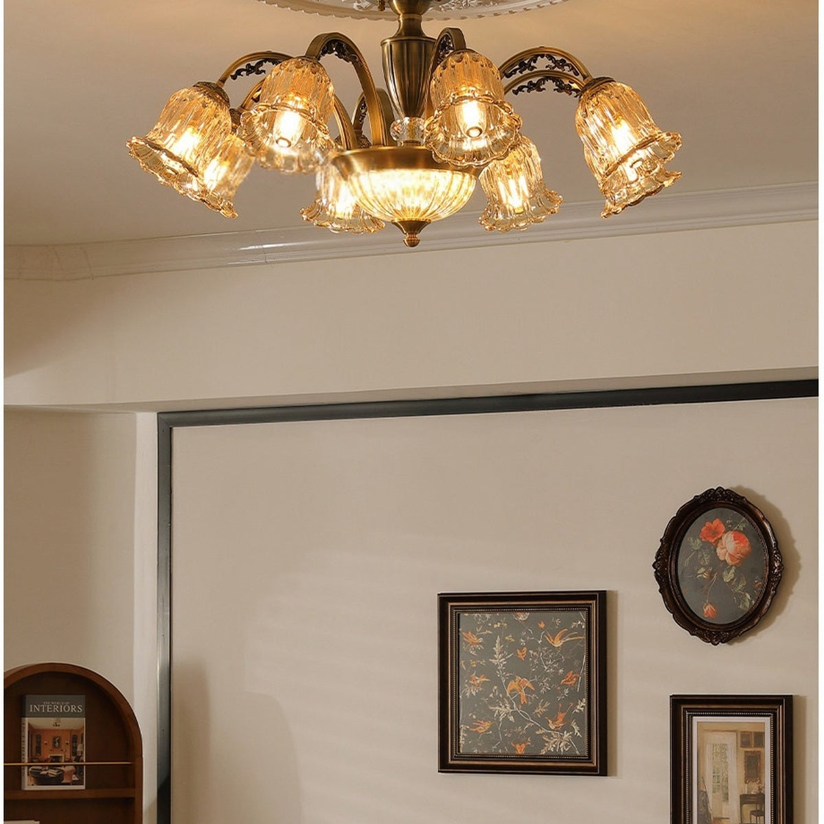 W&F Collection | Classic American Brass Floral Crystal Ceiling Lamp