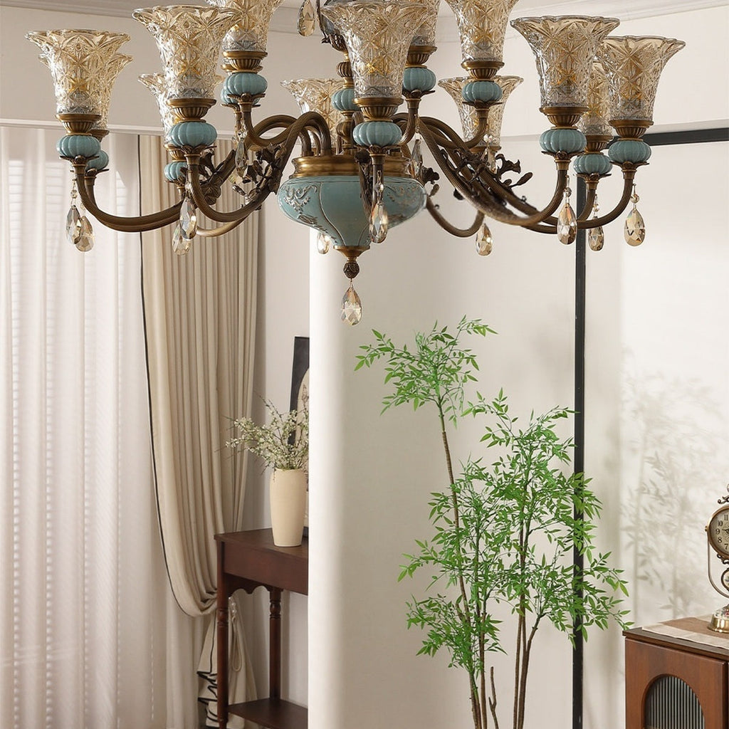W&F Collection | Blue Glazed Ceramic Two-Tier Chandelier