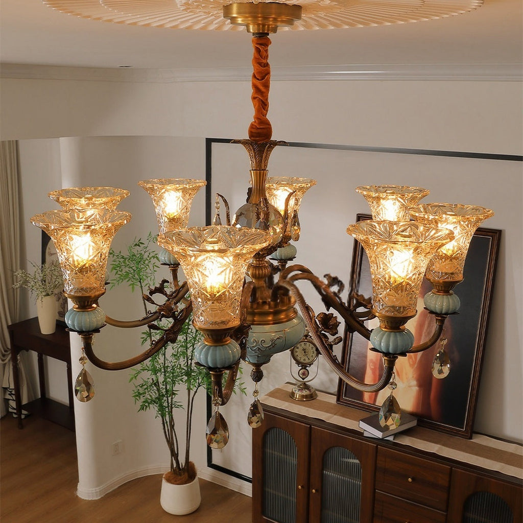 W&F Collection | Blue Glazed Ceramic Brass Crystal Chandelier
