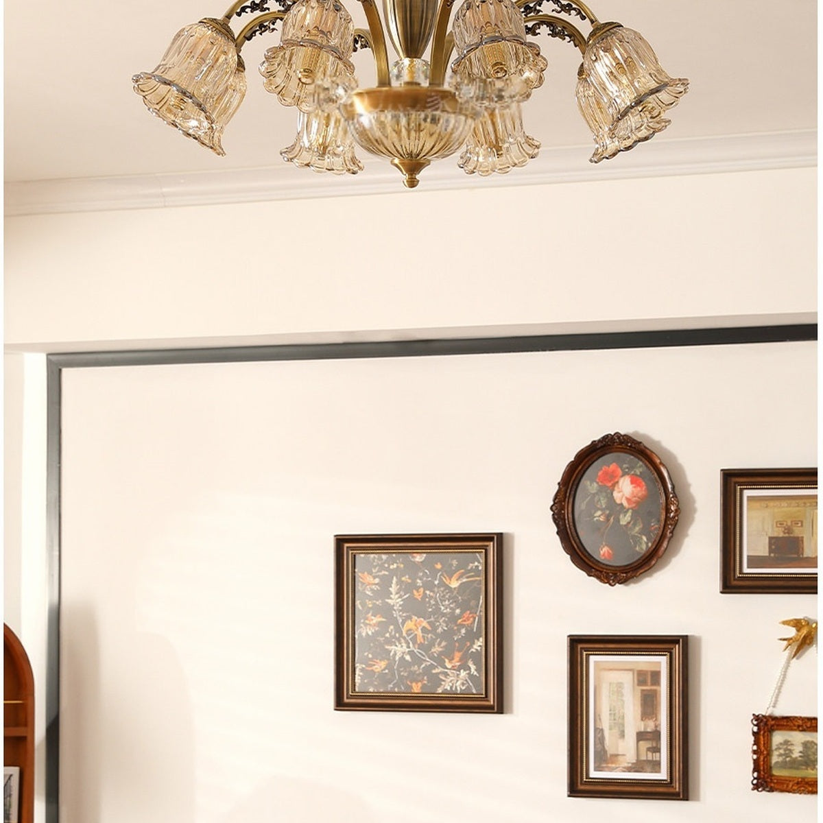 W&F Collection | Classic American Brass Floral Crystal Ceiling Lamp