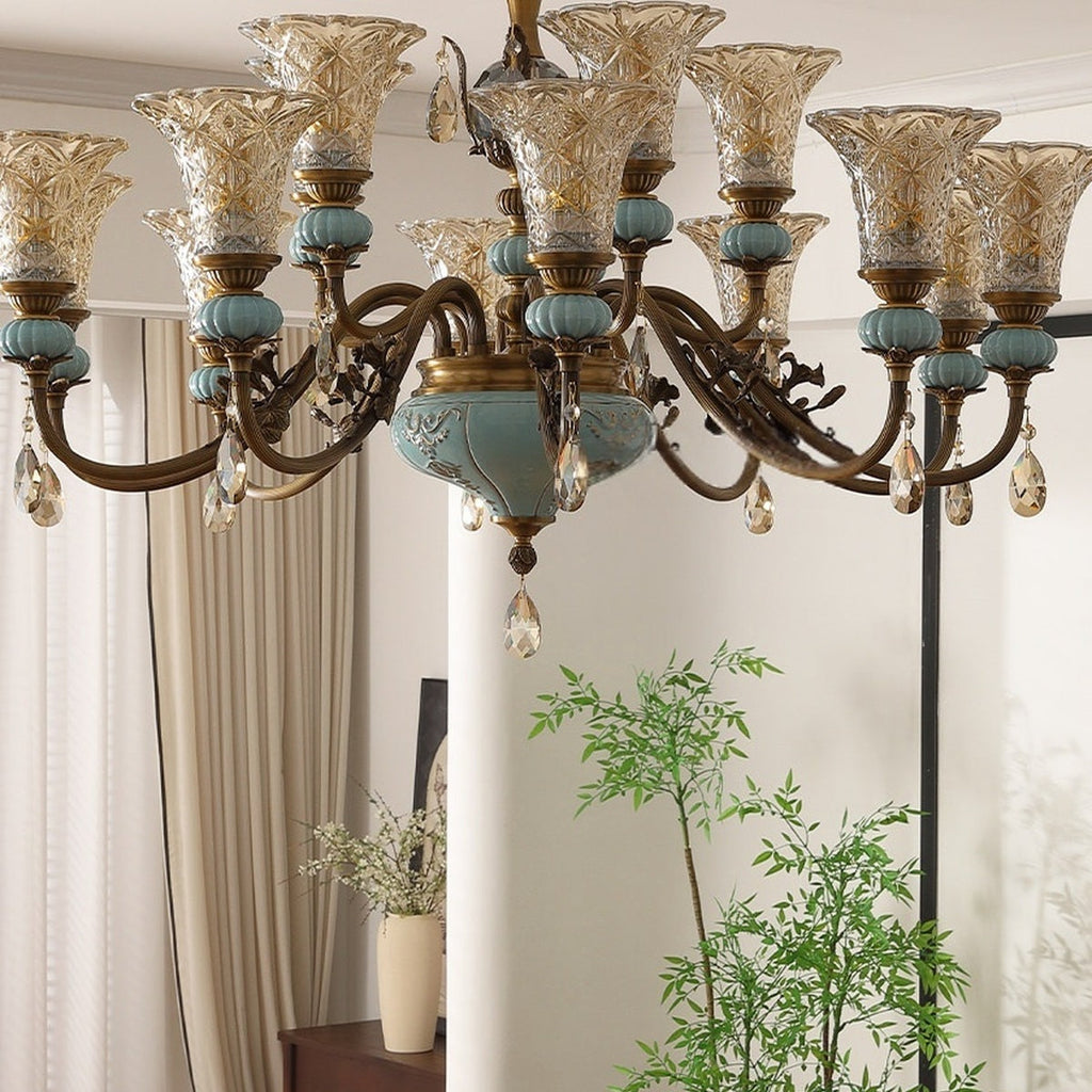 W&F Collection | Blue Glazed Ceramic Two-Tier Chandelier