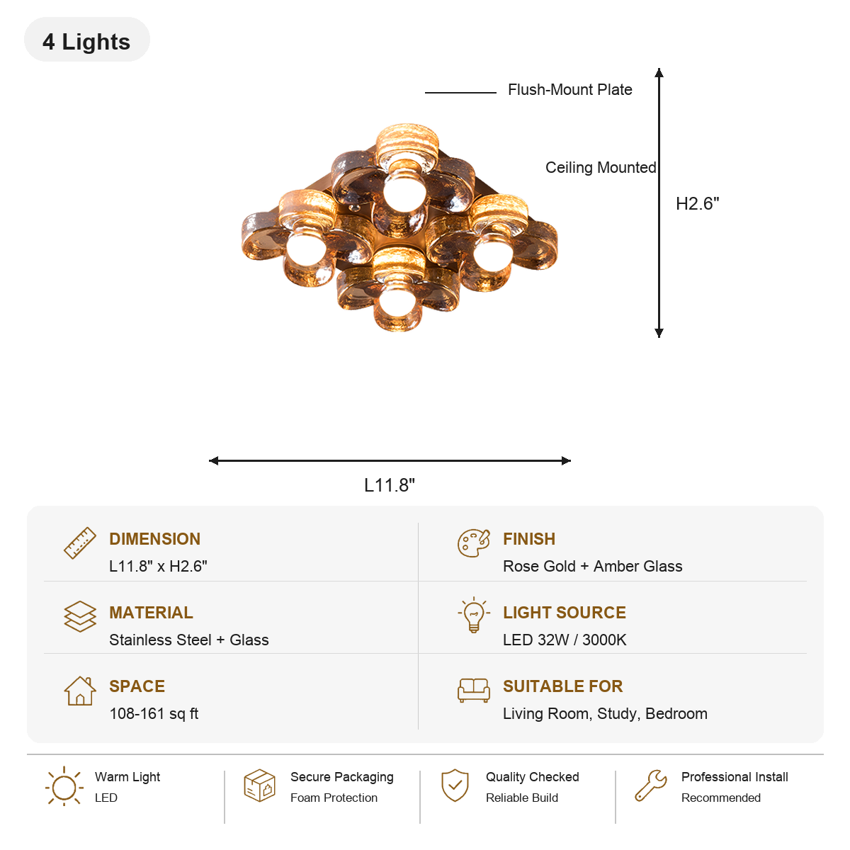W&F Collection | 4-Light Amber Glass Flush Mount Ceiling Light