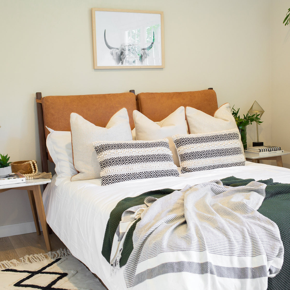 W&F Collection | Truro Bed with Leather Cushions (Cognac Tan, King)