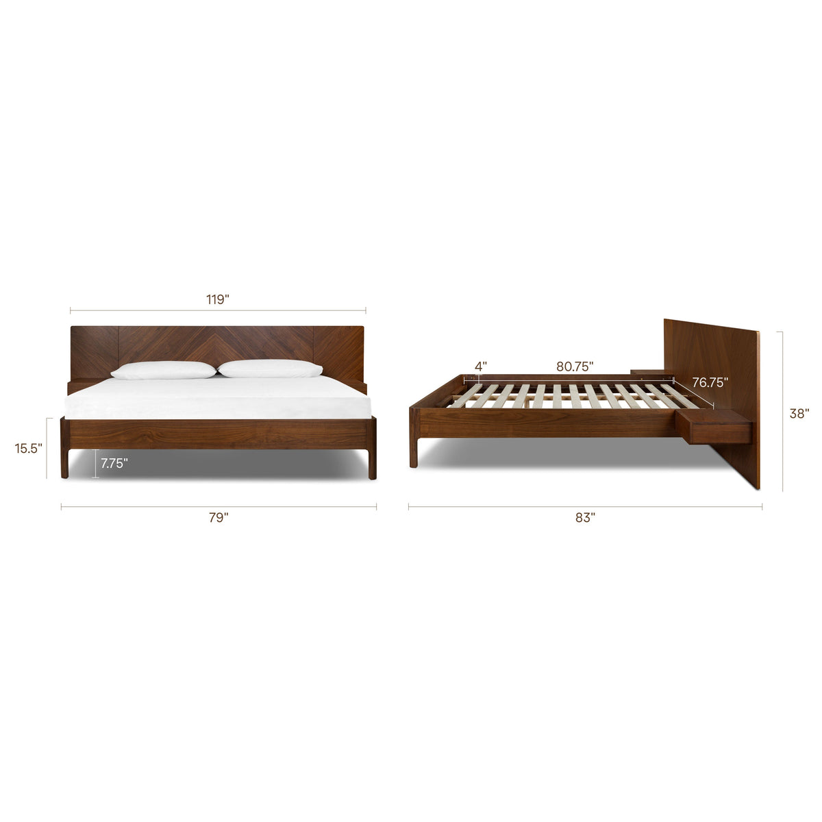 W&F Collection | Amalfi Low Profile Bed with Nightstands (Walnut, King)