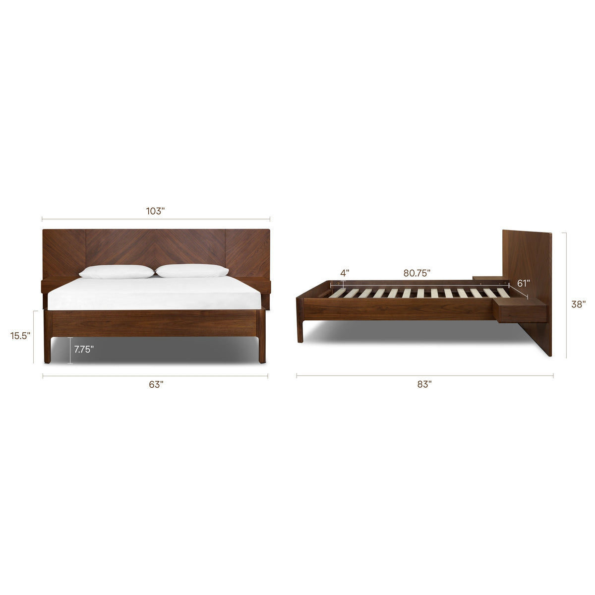 W&F Collection | Amalfi Low Profile Bed with Nightstands (Walnut, Queen)