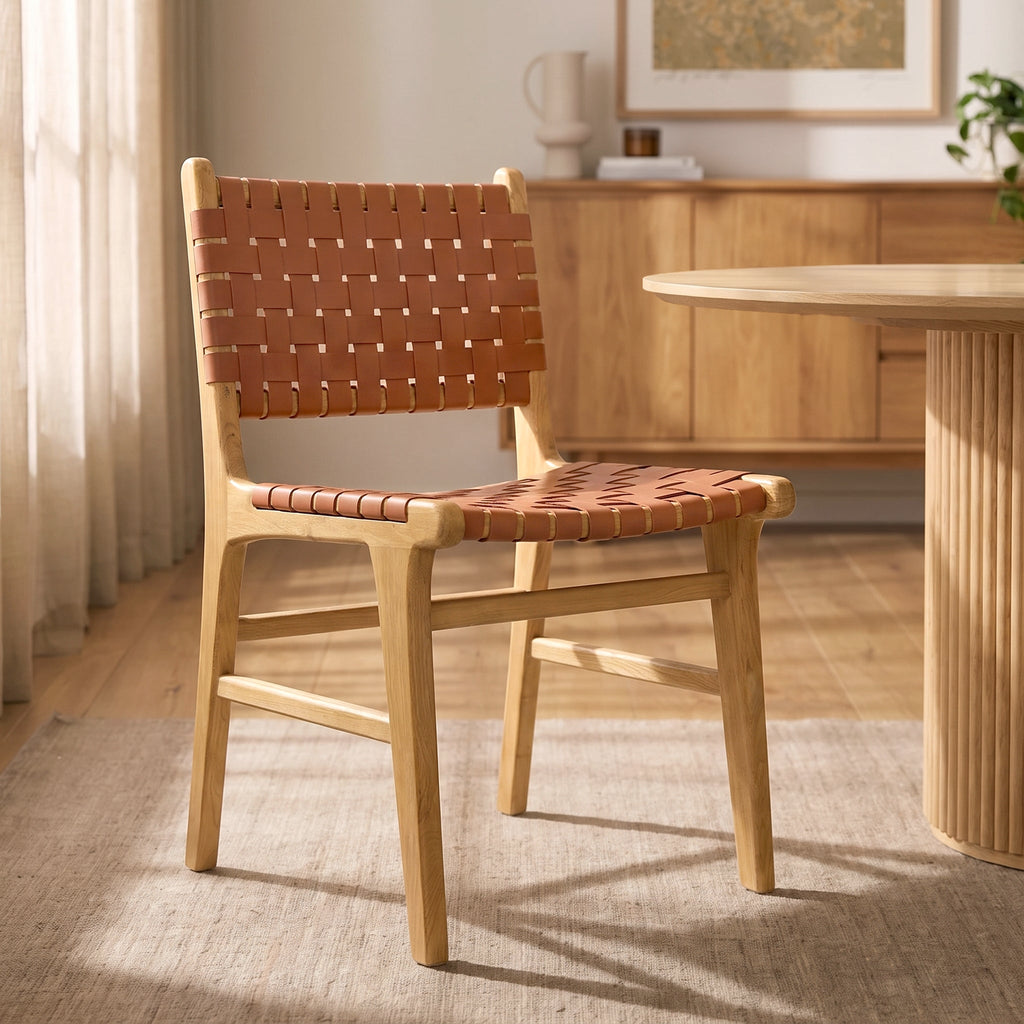 W&F Collection | Banda Teak & Leather Dining Chair (Fauve Tan)