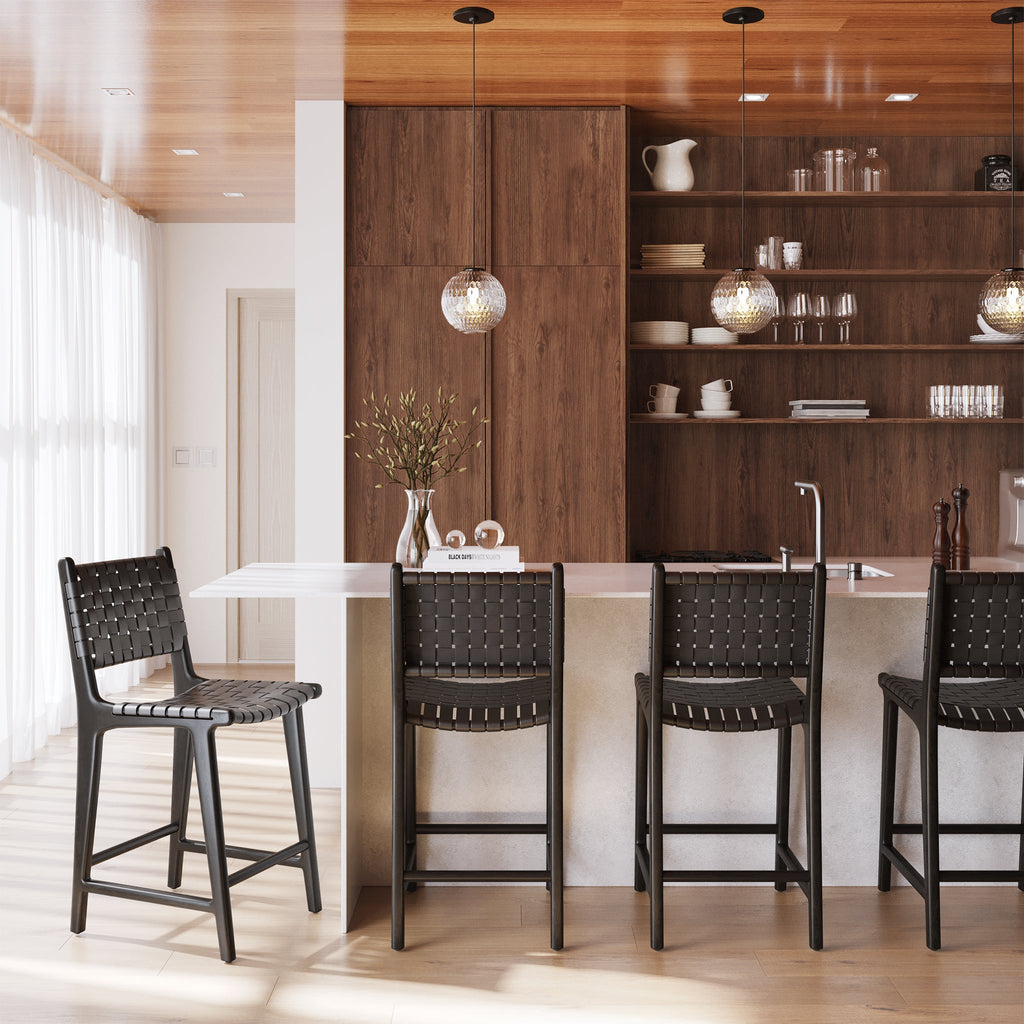 W&F Collection | Banda Teak & Leather Counter Height Stool (Havana Black)