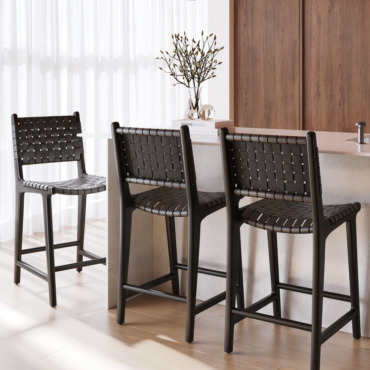 W&F Collection | Banda Teak & Leather Counter Height Stool (Havana Black)