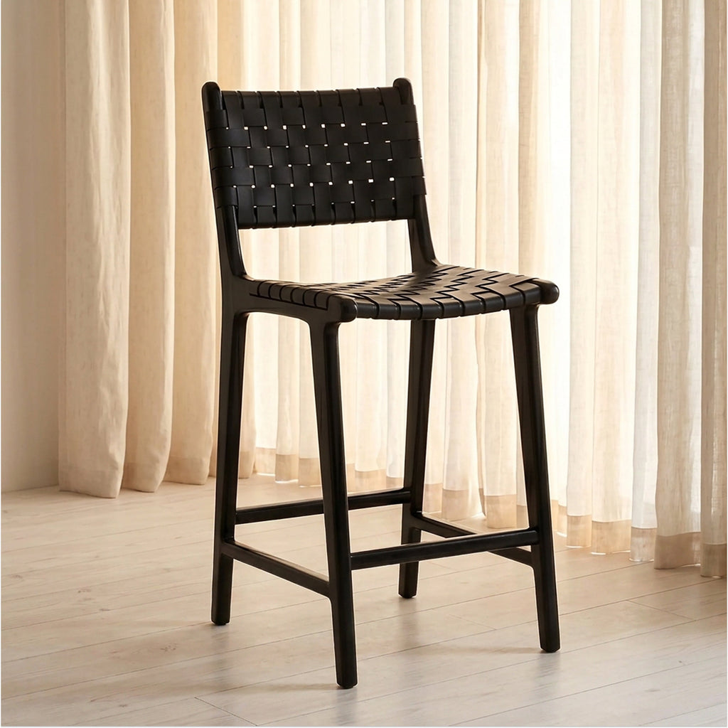 W&F Collection | Banda Teak & Leather Counter Height Stool (Havana Black)