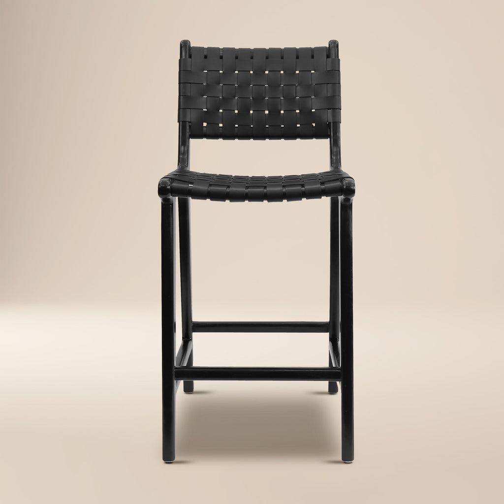 W&F Collection | Banda Teak & Leather Counter Height Stool (Havana Black)