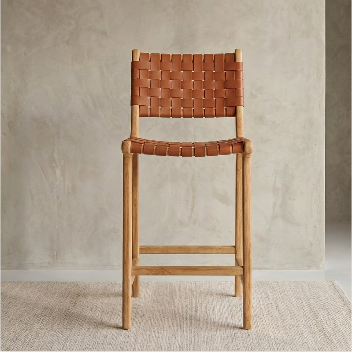 W&F Collection | Banda Teak & Leather Counter Height Stool (Fauve Tan)