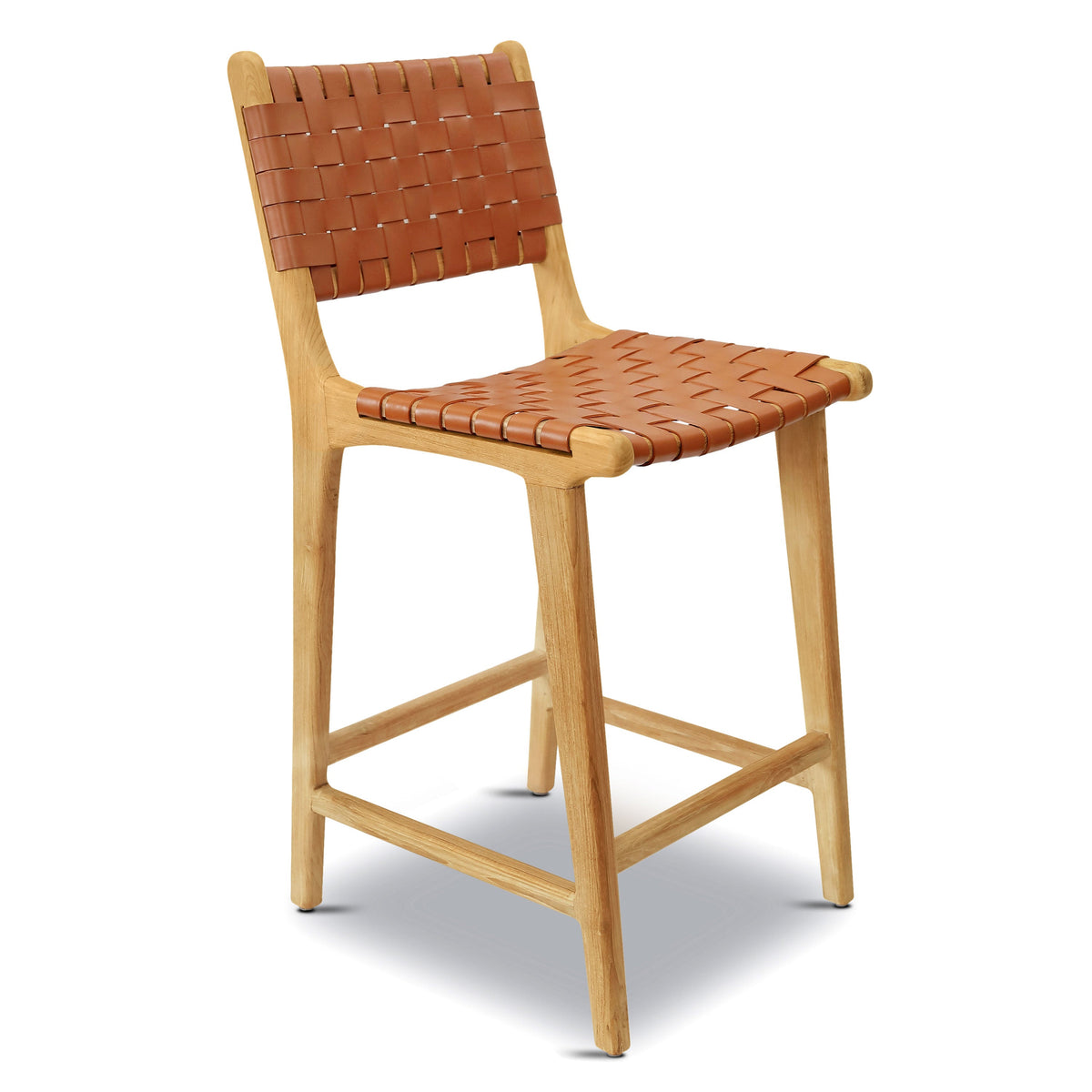 W&F Collection | Banda Teak & Leather Counter Height Stool (Fauve Tan)