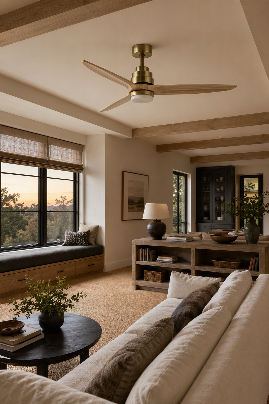 W&F Collection | Antique Brass and Natural Wood Ceiling Fan with Light