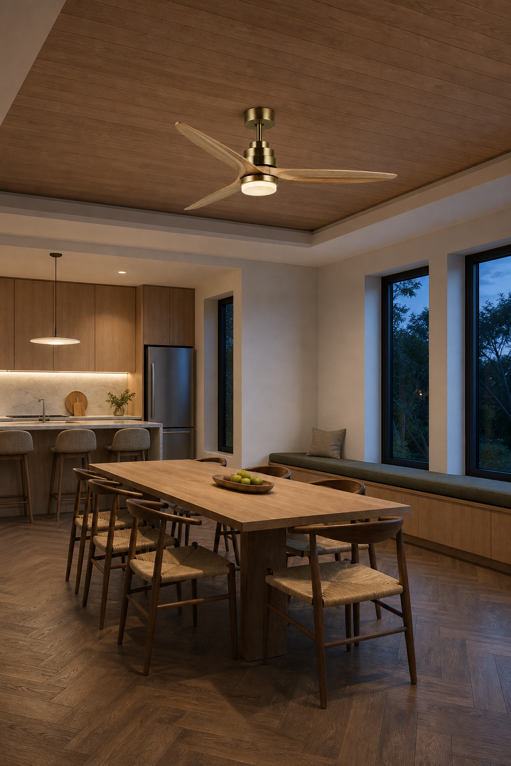 W&F Collection | Antique Brass and Natural Wood Ceiling Fan with Light