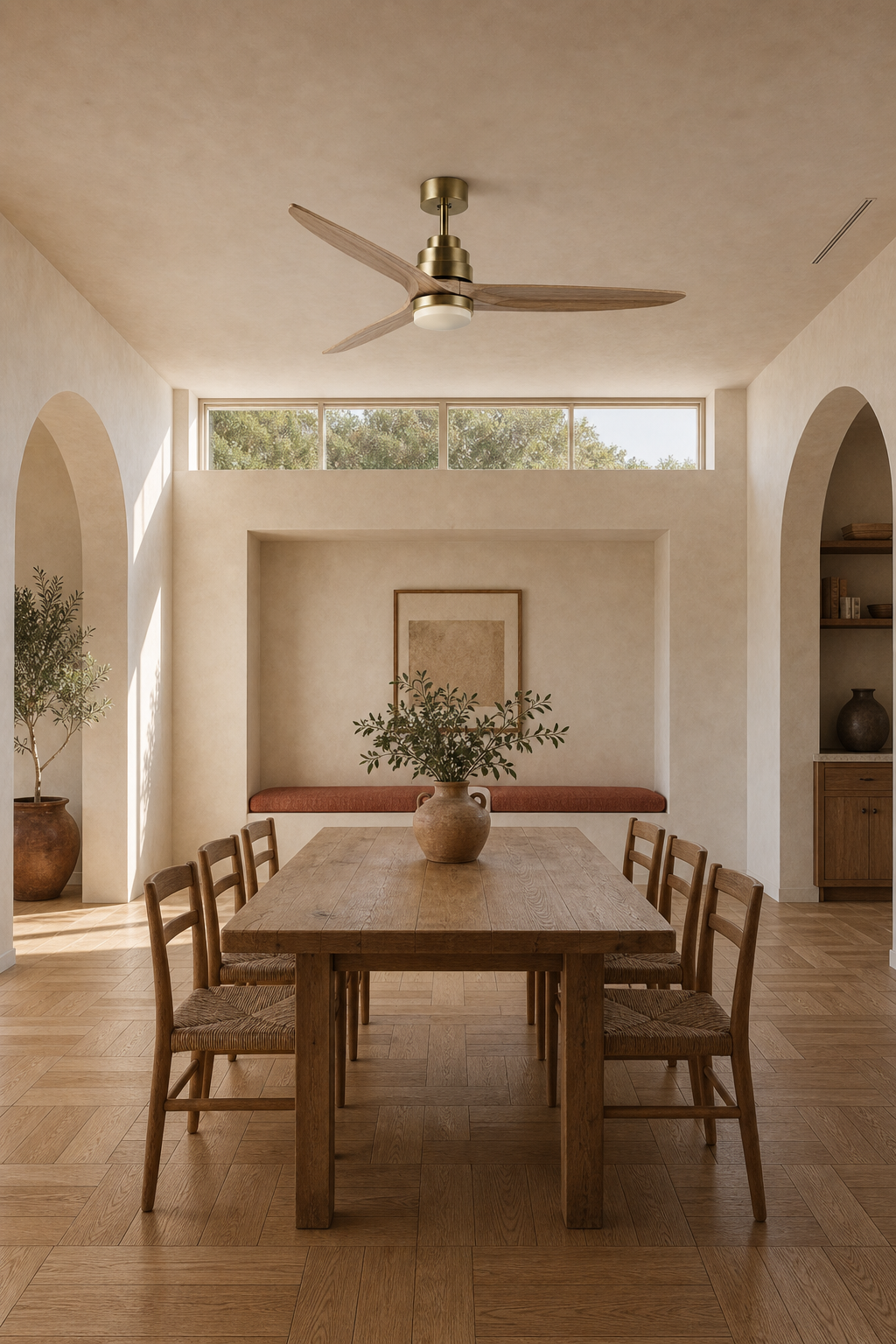 W&F Collection | Antique Brass and Natural Wood Ceiling Fan with Light