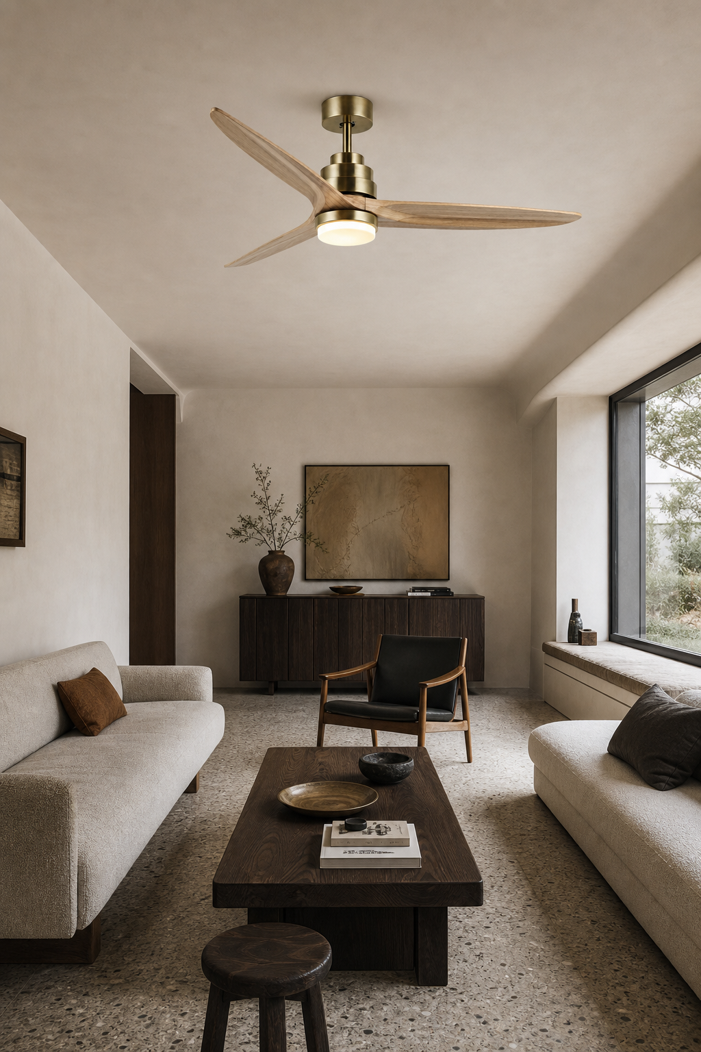 W&F Collection | Antique Brass and Natural Wood Ceiling Fan with Light