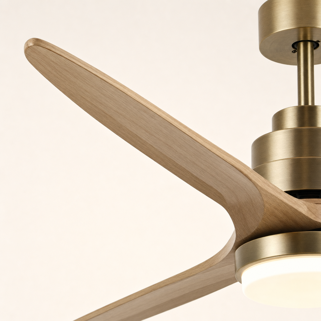 W&F Collection | Antique Brass and Natural Wood Ceiling Fan with Light