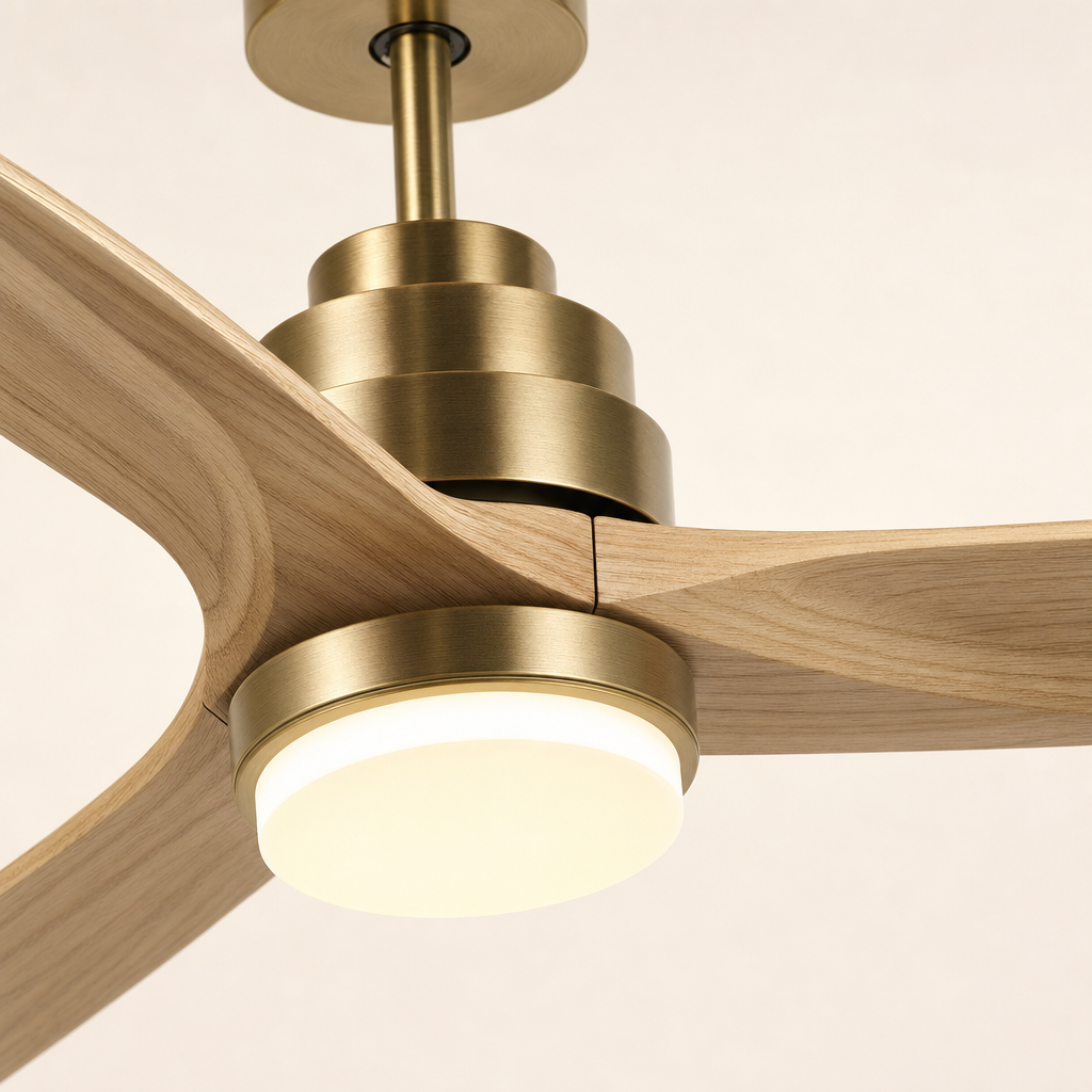 W&F Collection | Antique Brass and Natural Wood Ceiling Fan with Light