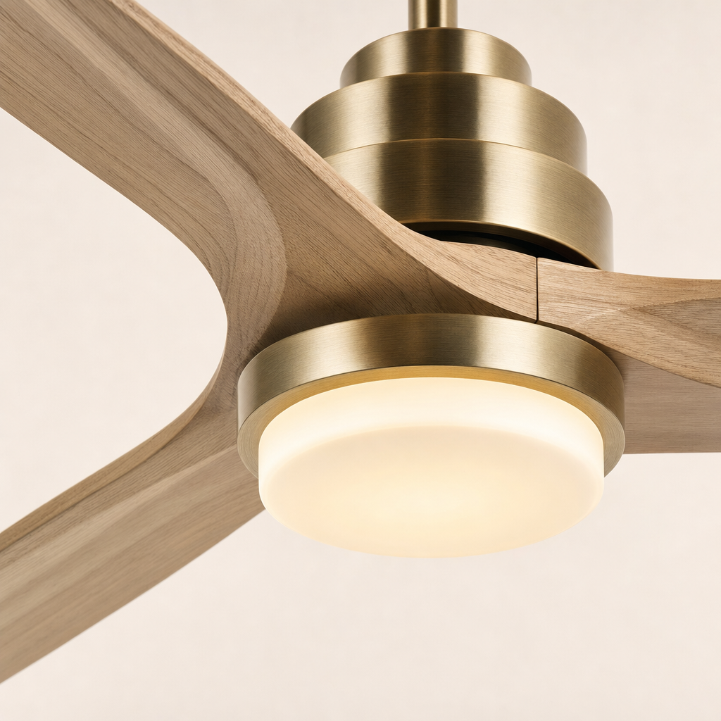 W&F Collection | Antique Brass and Natural Wood Ceiling Fan with Light