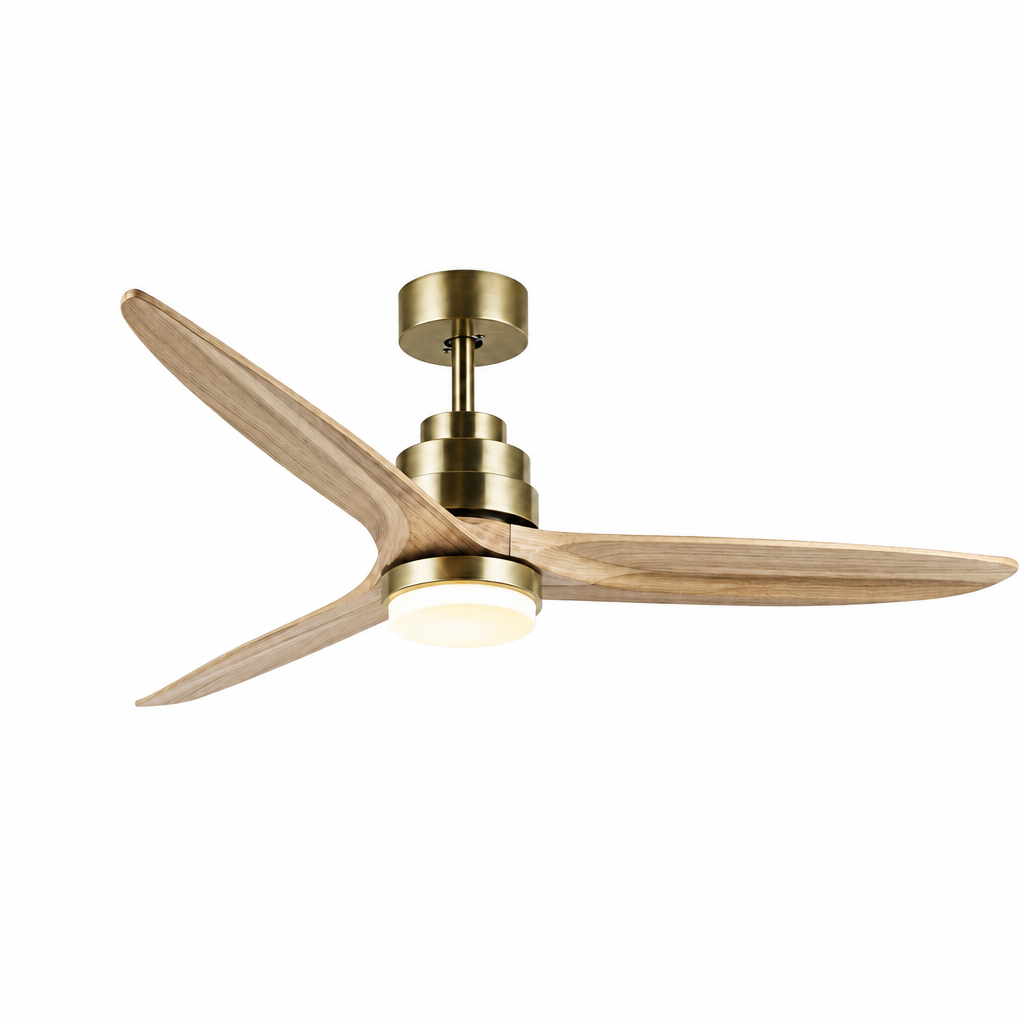 W&F Collection | Antique Brass and Natural Wood Ceiling Fan with Light
