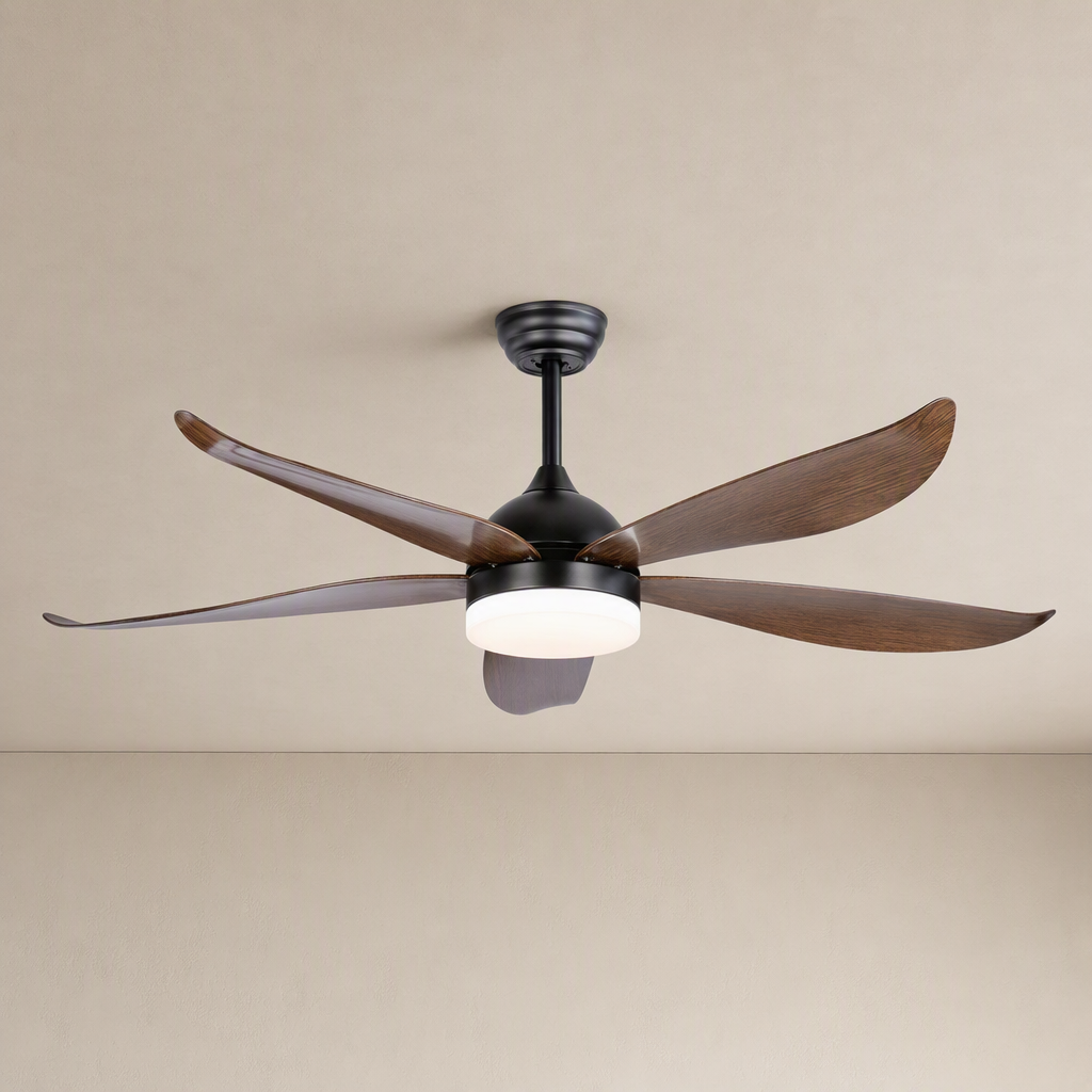 W&F Collection | Black and Dark Wood-Look Ceiling Fan with Light