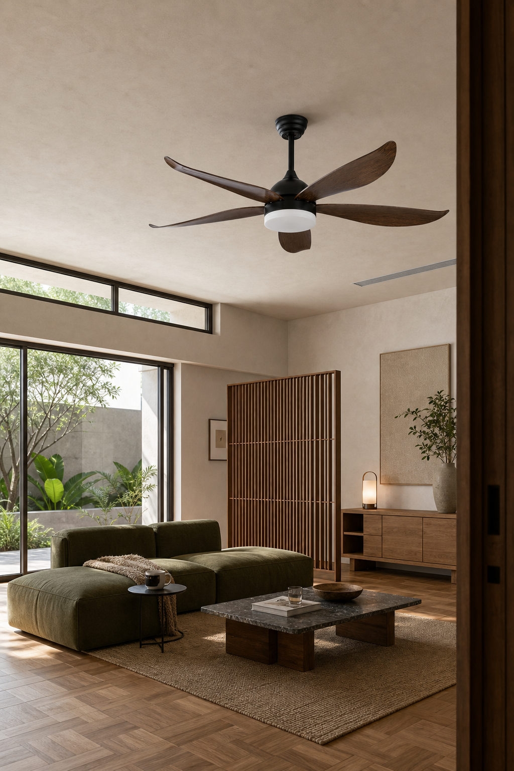 W&F Collection | Black and Dark Wood-Look Ceiling Fan with Light