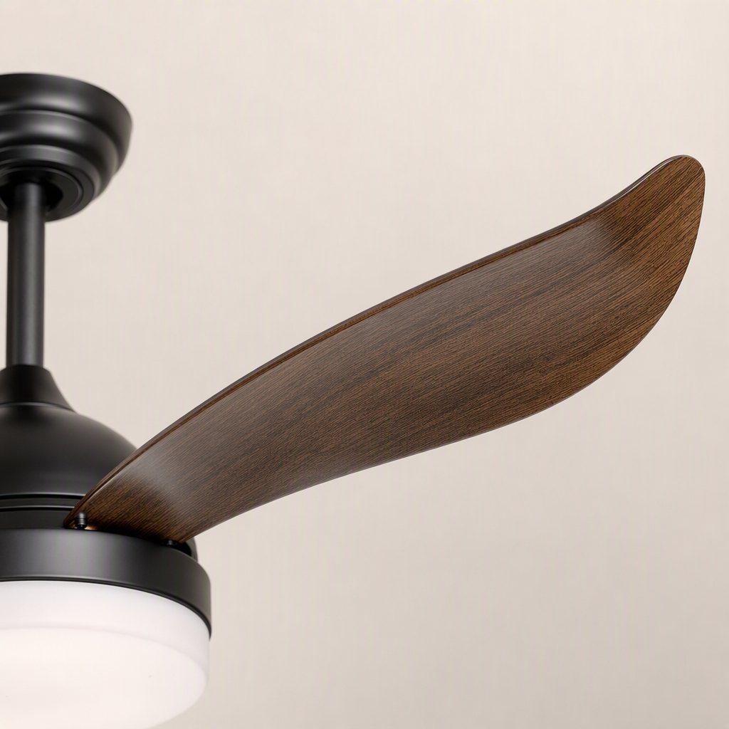 W&F Collection | Black and Dark Wood-Look Ceiling Fan with Light